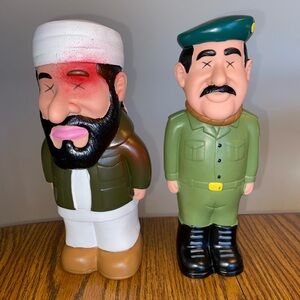 2 squeaky plastic Dog Chew toys Saddam Hussein & Osama Bin Ladin